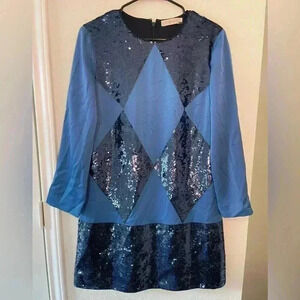 Tory Burch Lantilly Evening Mini Dress Blue Sequin Shift Womens Size 8